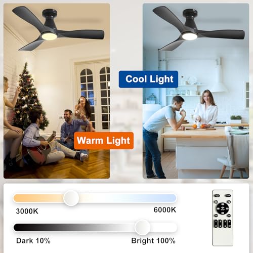 Depuley 42-Inch Ceiling Fans with Lights: Black 3 Blade Flush Mount Low Profile Ceiling Fan for Bedroom - Dimmable Indoor Outdoor Fan with Remote Control Ultra Quiet DC Motor Timer